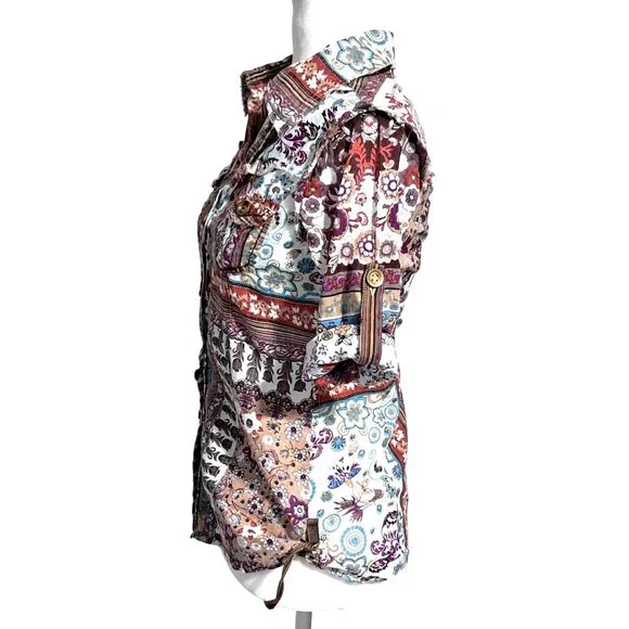 Crown of Hearts Shirt Womens Size S Top Boho Patchwork  Button Down Collared Adj - Picture 7 of 16